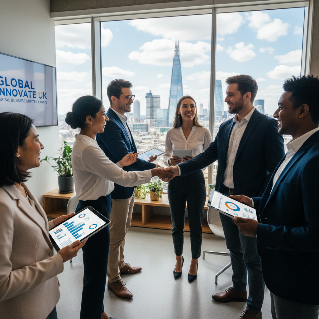 A diverse group of international entrepreneurs smiling and shaking hands in a modern, brightly lit co-working space in London, with a visible skyline in the background. They are holding tablets and discussing digital strategies, depicting successful digital business setup UK for expats.