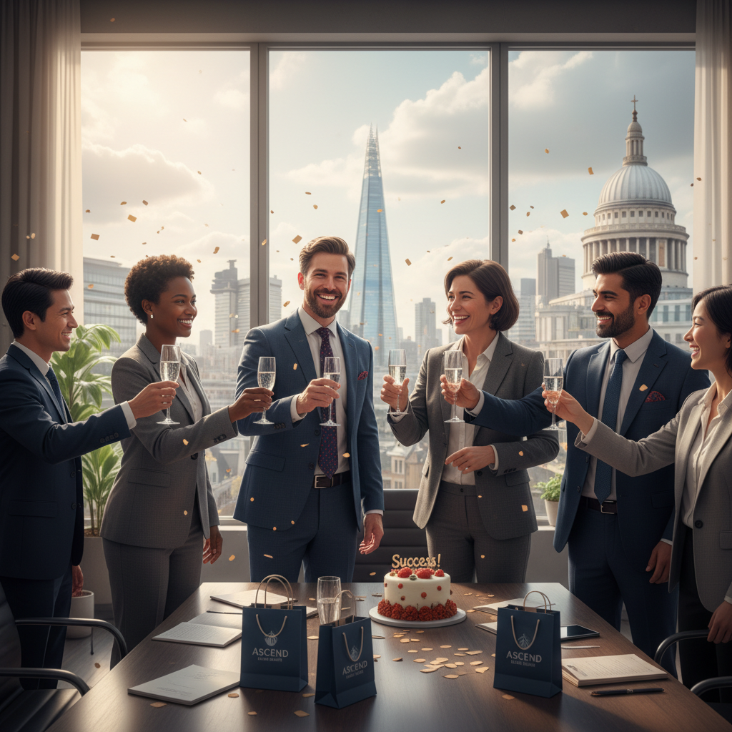 A diverse group of smiling professionals, including a British expat, celebrating a successful business launch in a modern, light-filled office in London. They are clinking glasses of sparkling water with the London skyline visible through a large window. Highly detailed, photorealistic, professional atmosphere.