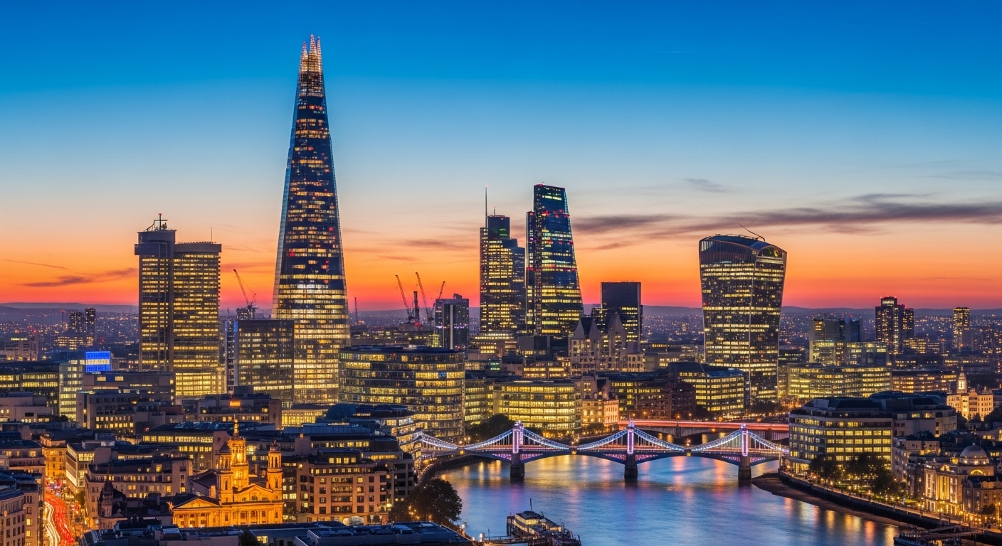A wide shot of the London skyline at dusk, featuring iconic financial buildings and a vibrant, energetic atmosphere, symbolizing a thriving business hub. Photorealistic, high detail.