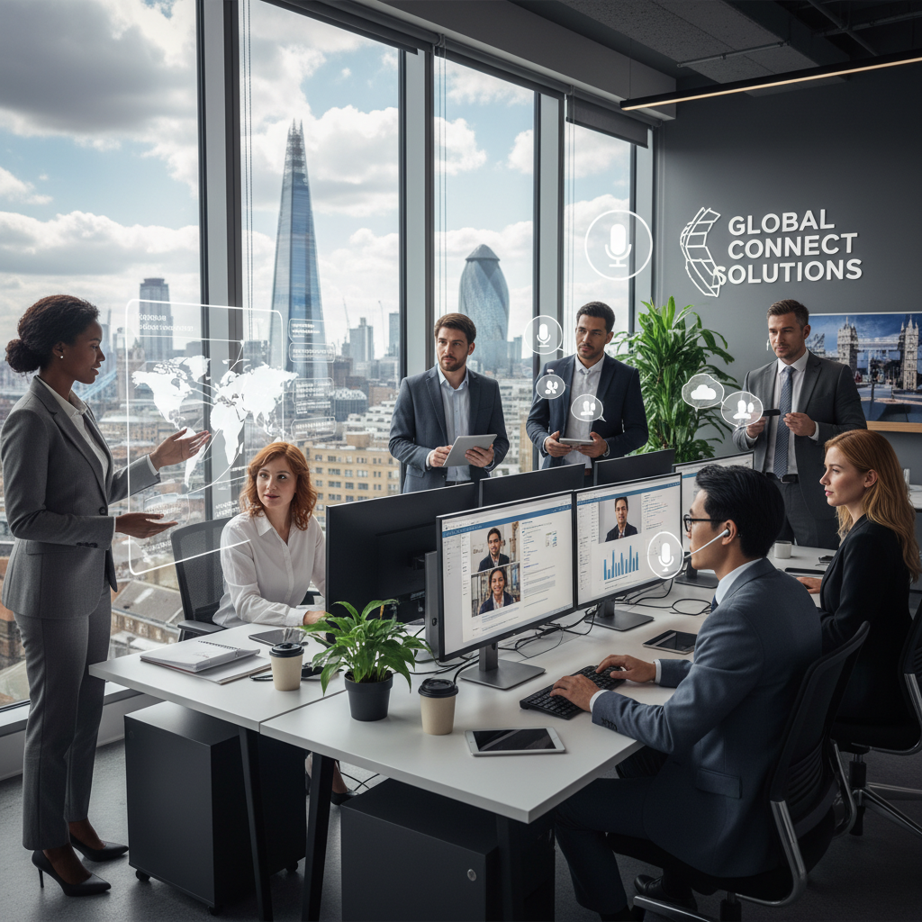 A diverse group of business professionals from various backgrounds collaborating in a modern office setting in London, with a focus on ease of international communication and digital tools. Photorealistic, high-resolution.