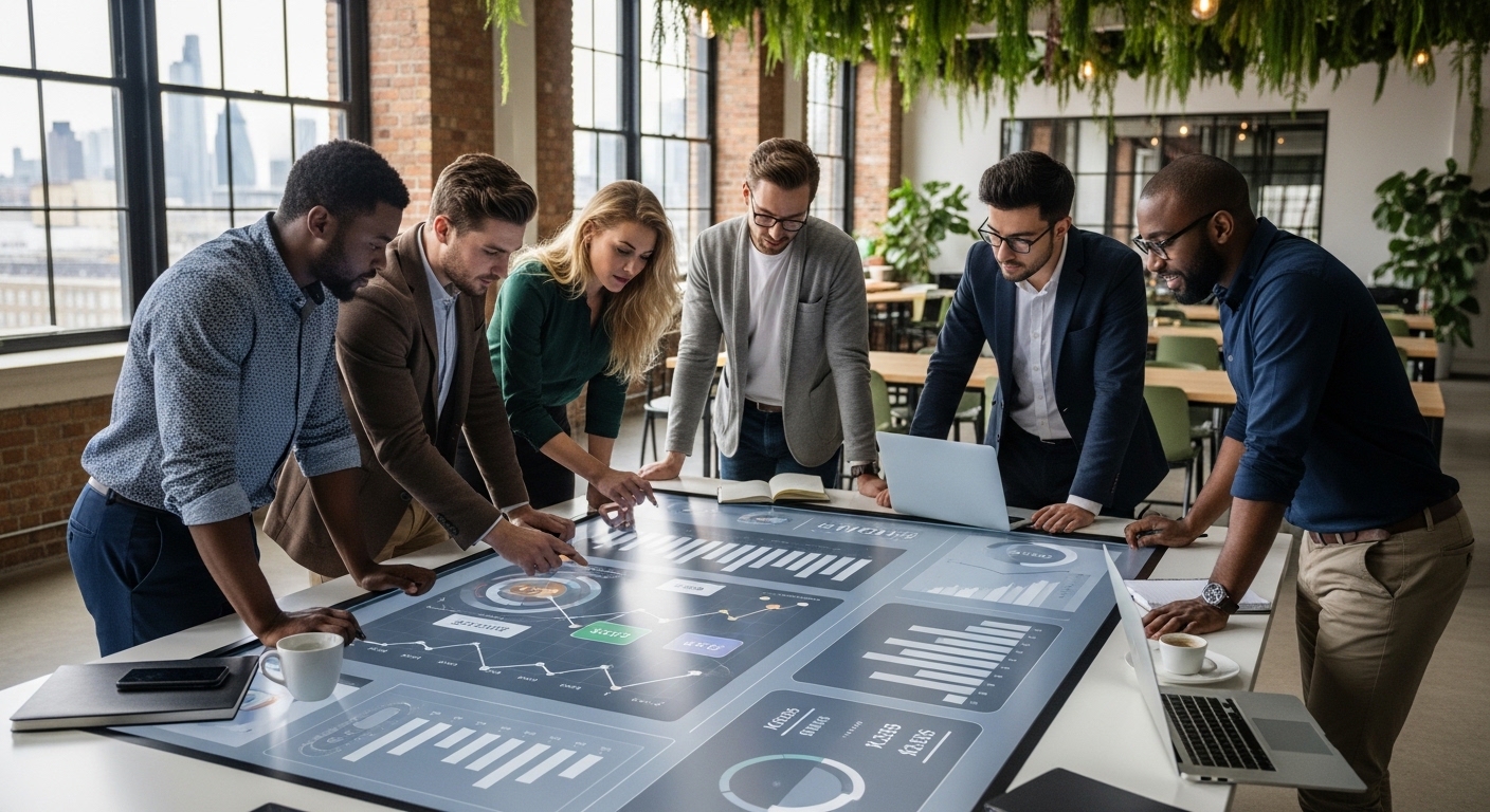 A diverse group of international founders collaborating in a modern co-working space in London, looking at a digital interface displaying growth charts and startup metrics. The atmosphere is energetic and innovative, with natural light streaming in.