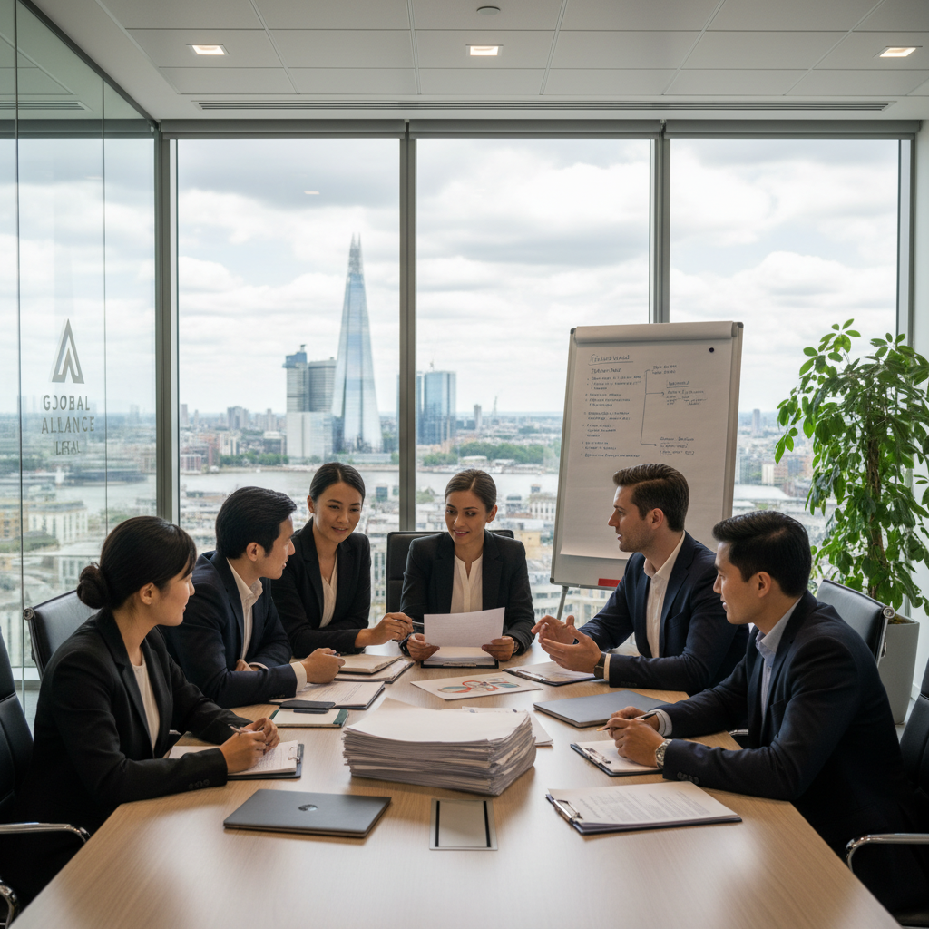 A diverse group of expat business professionals in a modern, collaborative office setting in London, reviewing legal documents and discussing strategy. The atmosphere is professional and forward-thinking, with a cityscape visible through the window.