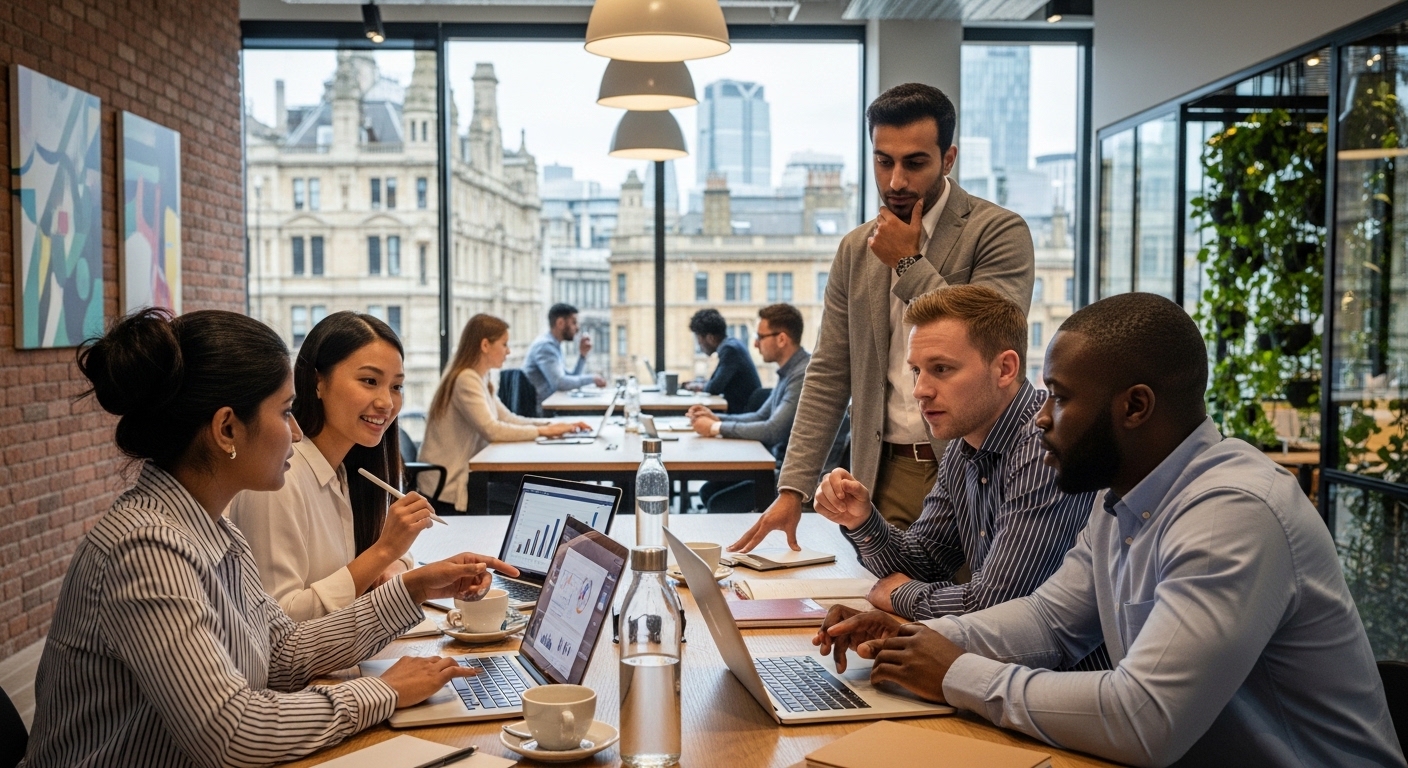 A diverse group of entrepreneurs from different backgrounds collaborating in a modern, brightly lit co-working space in a bustling UK city. They are engaged in discussion, some looking at laptops, illustrating global collaboration and innovation. Photorealistic.