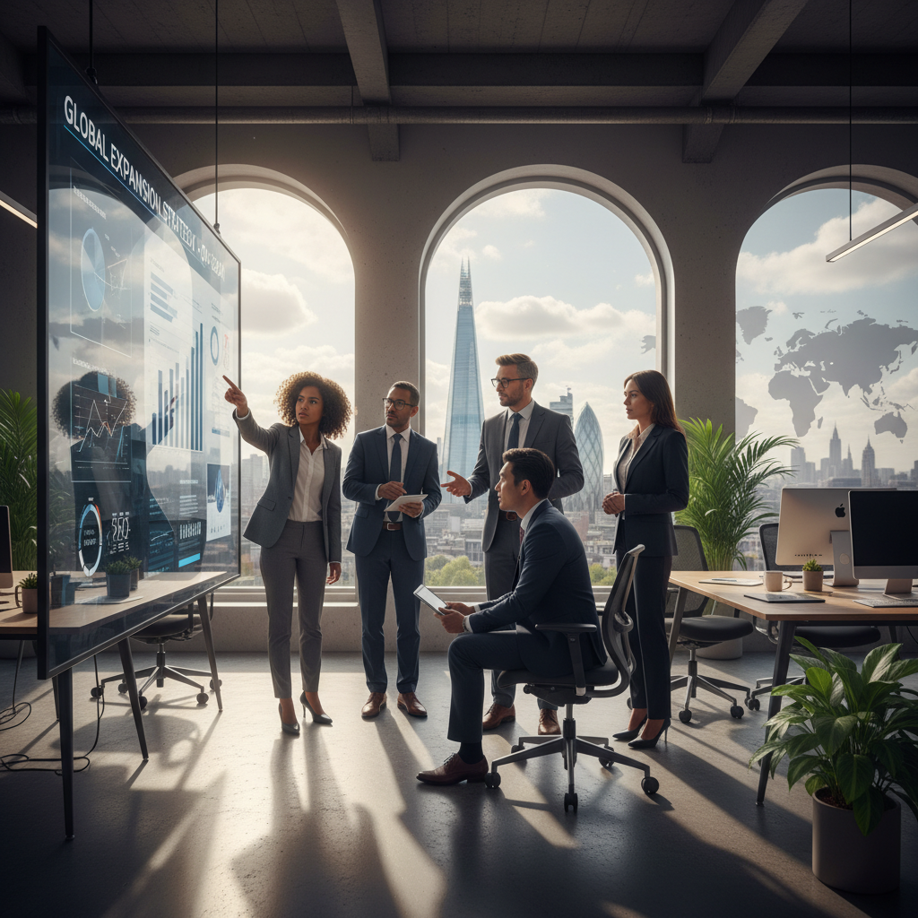 A diverse group of business professionals in a modern, sunlit office in London, discussing a business plan on a large screen, looking determined and professional. High-resolution, photorealistic, cinematic lighting.