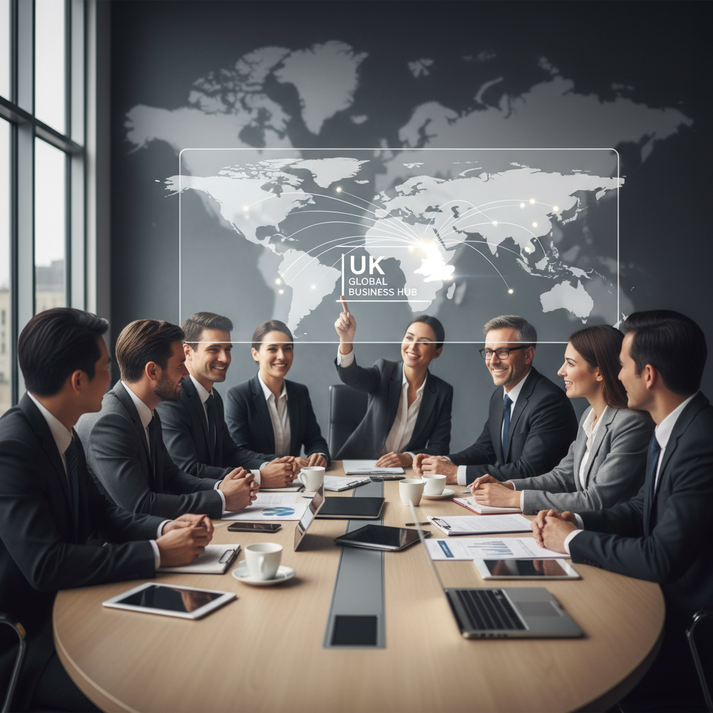 A diverse group of business professionals from different countries collaborating around a table, with a blurred map of the world in the background. They are discussing strategies, highlighting global business expansion and UK as a hub. The image should be professional and vibrant, showing positive interaction.