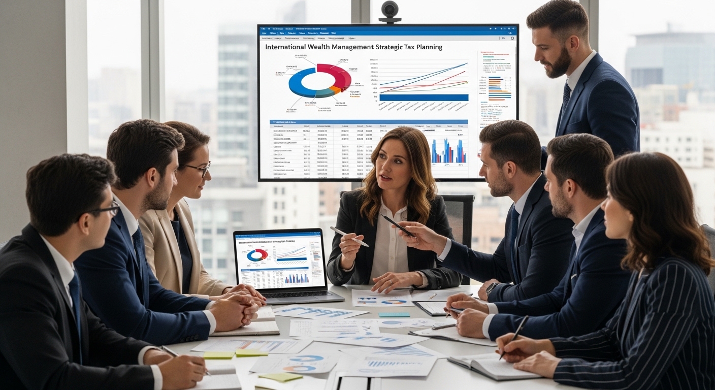 A detailed, photorealistic image showing a diverse group of business professionals in a modern office setting, discussing financial documents with charts and graphs on a screen, emphasizing strategic tax planning for international wealth.