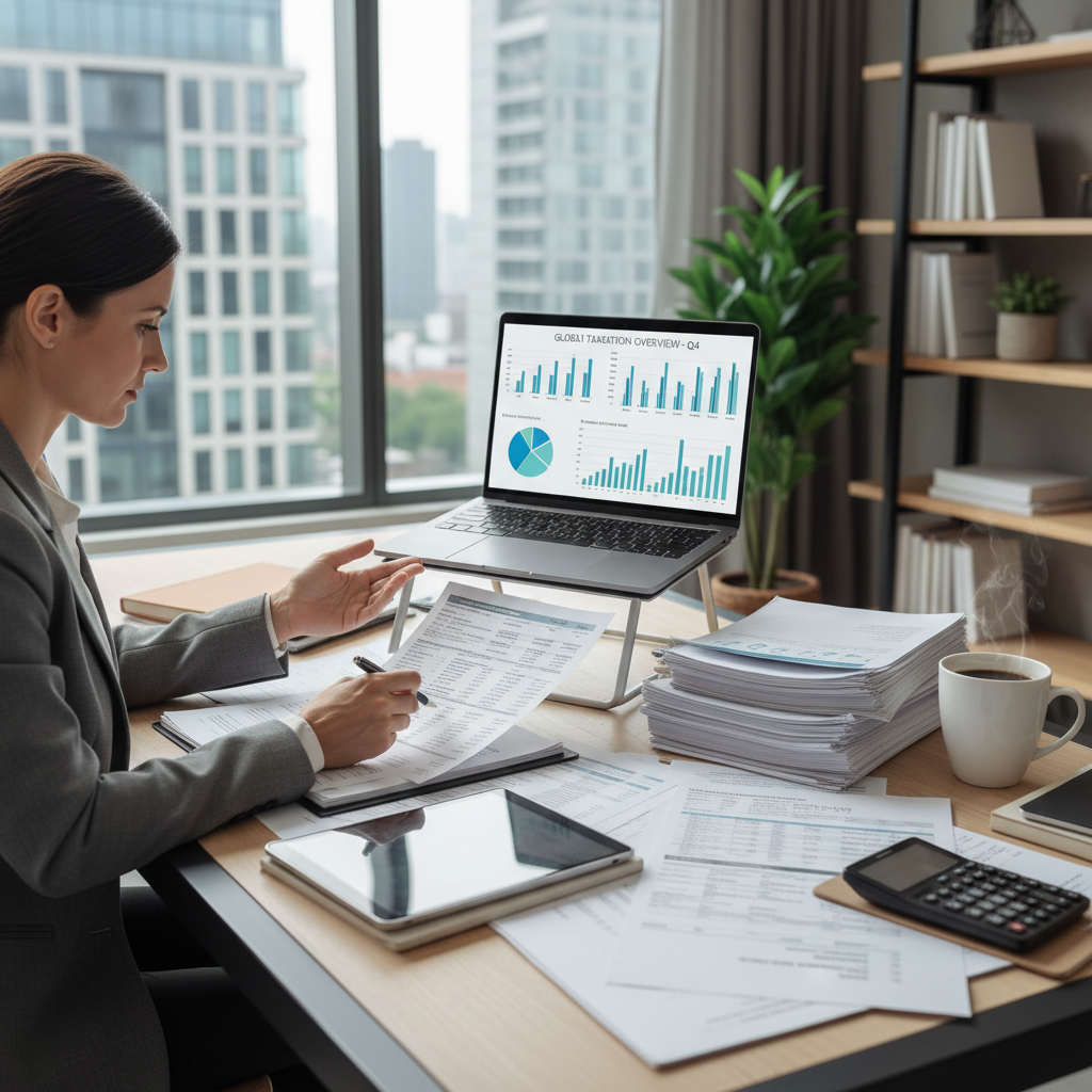 A detailed, photorealistic image of a professional expat reviewing complex tax documents and financial statements at a modern desk, with a laptop displaying financial data and a cup of coffee. The setting is bright and organised, conveying a sense of focus and expertise.