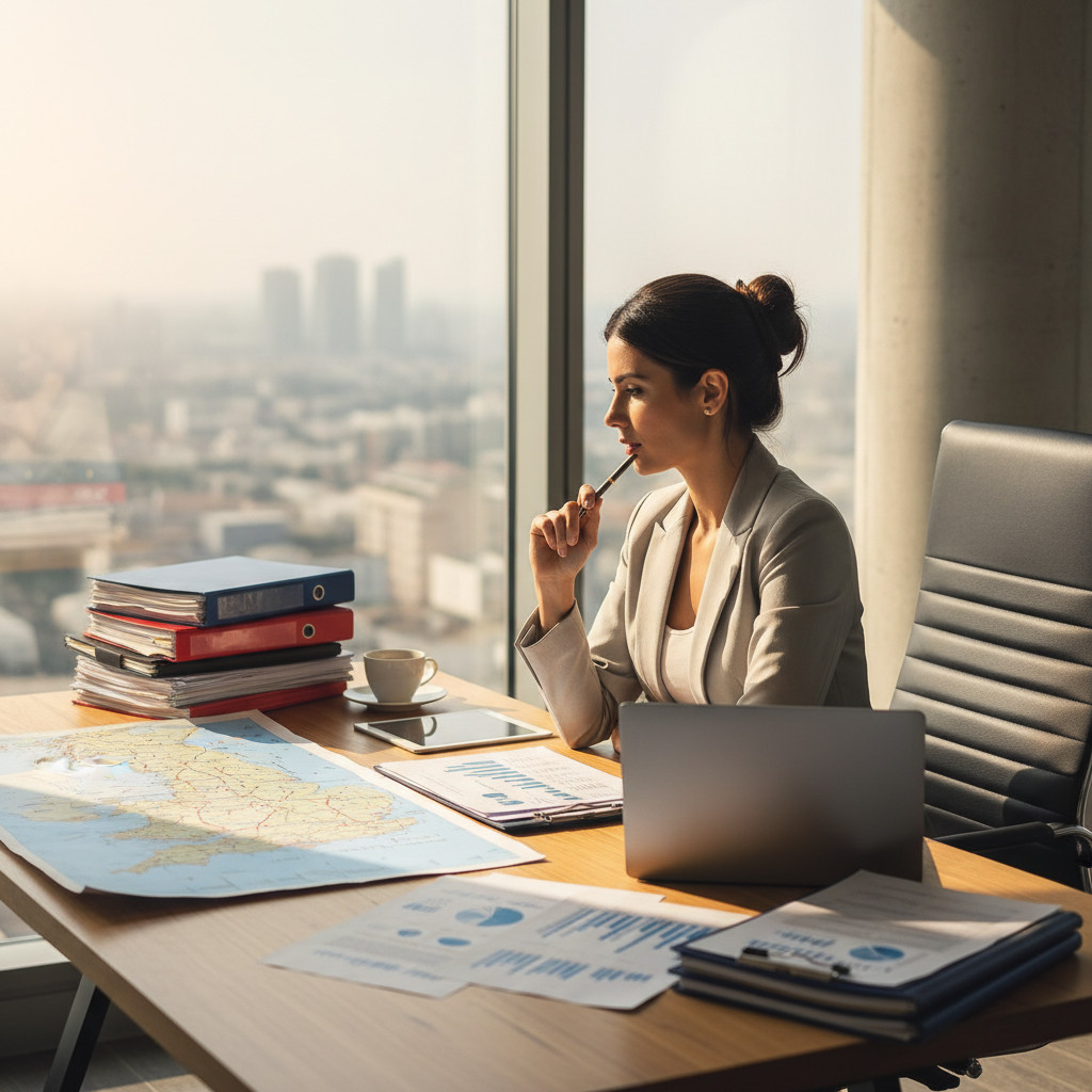 A professional expat businesswoman looking thoughtfully at a UK map and a laptop, surrounded by legal documents and financial reports in a modern, brightly lit office. The scene conveys contemplation and strategic planning for business expansion.