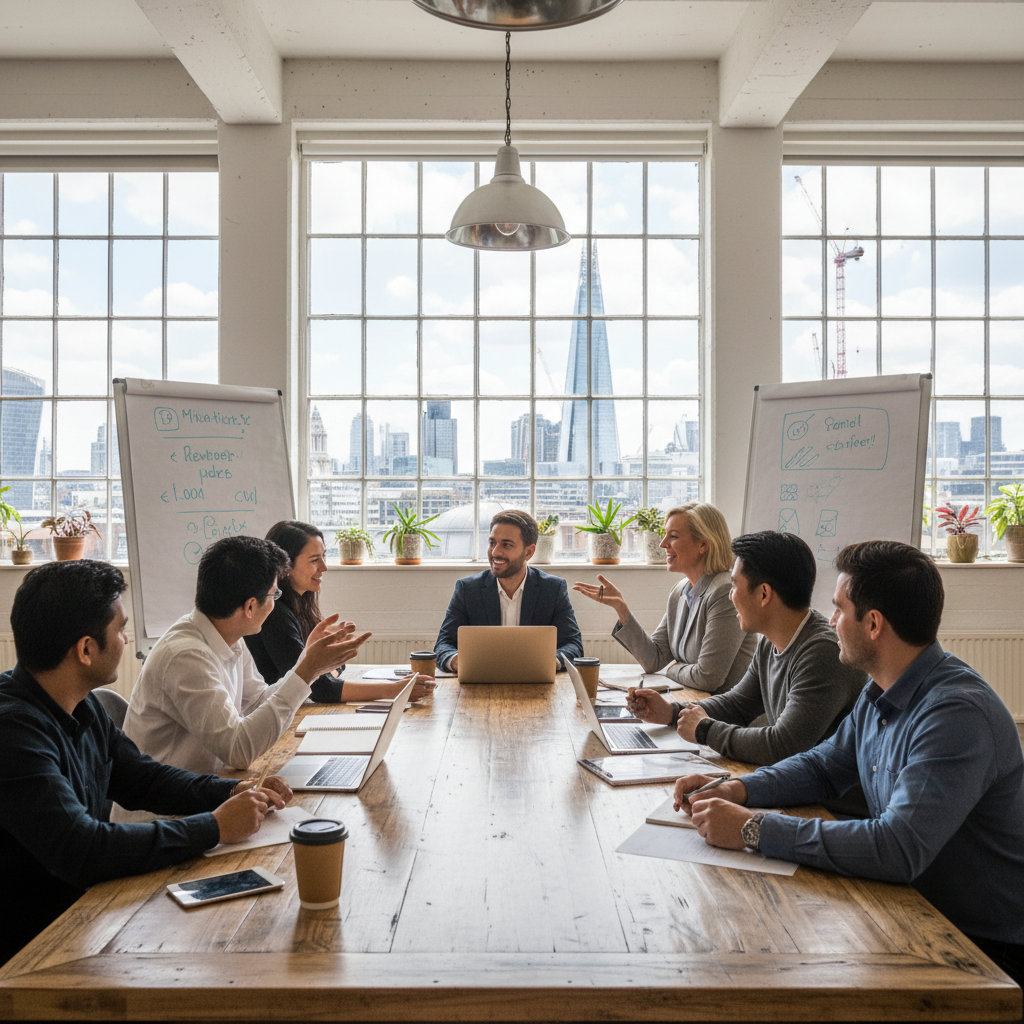 A diverse group of expat entrepreneurs from various backgrounds collaborating and discussing ideas in a modern, sunlit co-working space in London, with a view of iconic city buildings in the background. The atmosphere is energetic and professional.