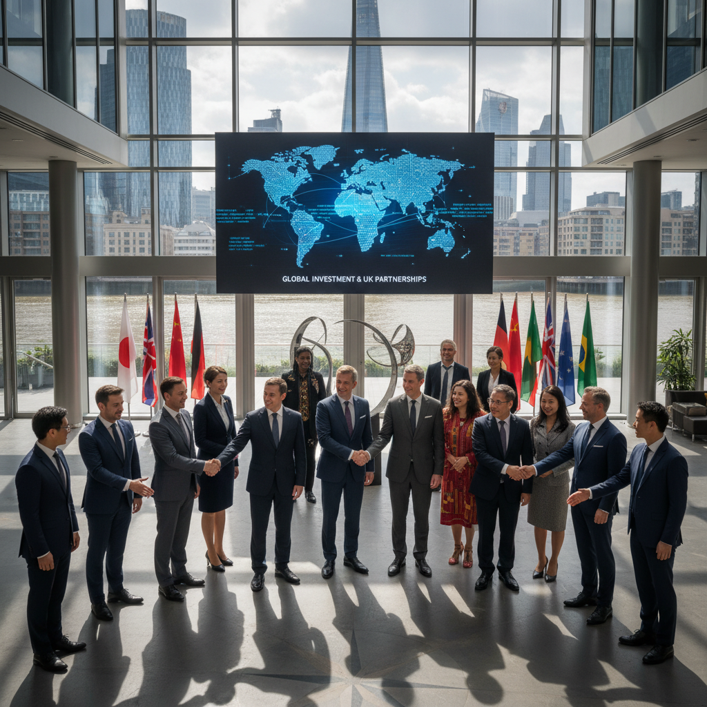 A diverse group of business professionals from various international backgrounds shaking hands in a modern, light-filled office building lobby in London, symbolizing global investment and collaboration in the UK business environment.
