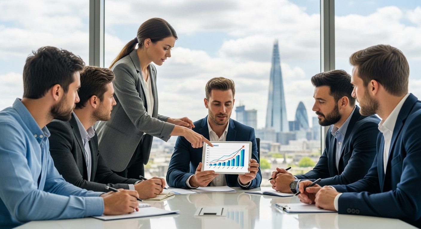 A diverse group of expat professionals in a modern office setting, looking at a digital tablet displaying business growth charts, with London cityscape subtly in the background. Photorealistic, professional, inspiring.