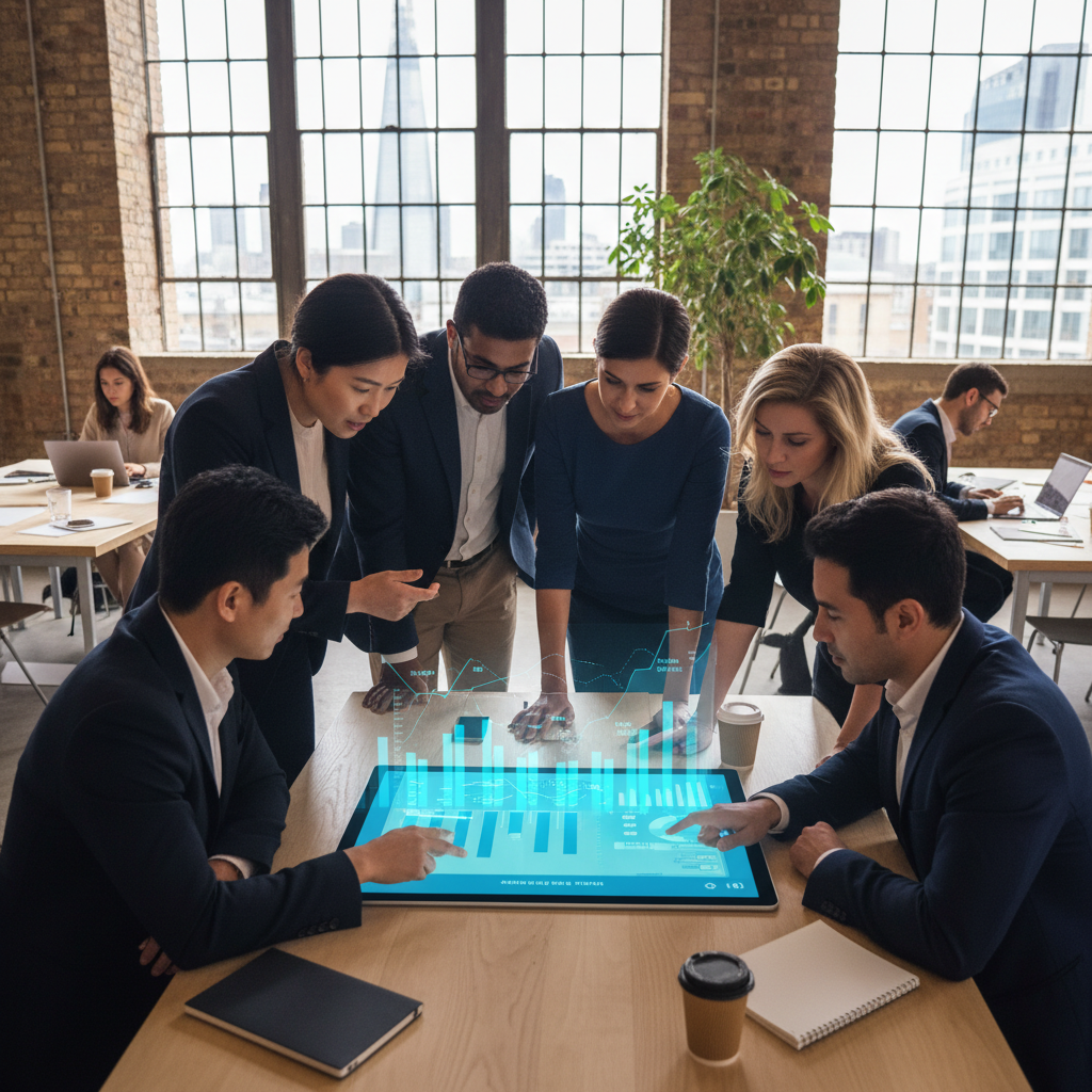A diverse group of expat business owners collaborating in a modern co-working space in London, looking at a digital tablet with charts and graphs, representing market analysis and business planning. The atmosphere is professional and collaborative, with natural light.