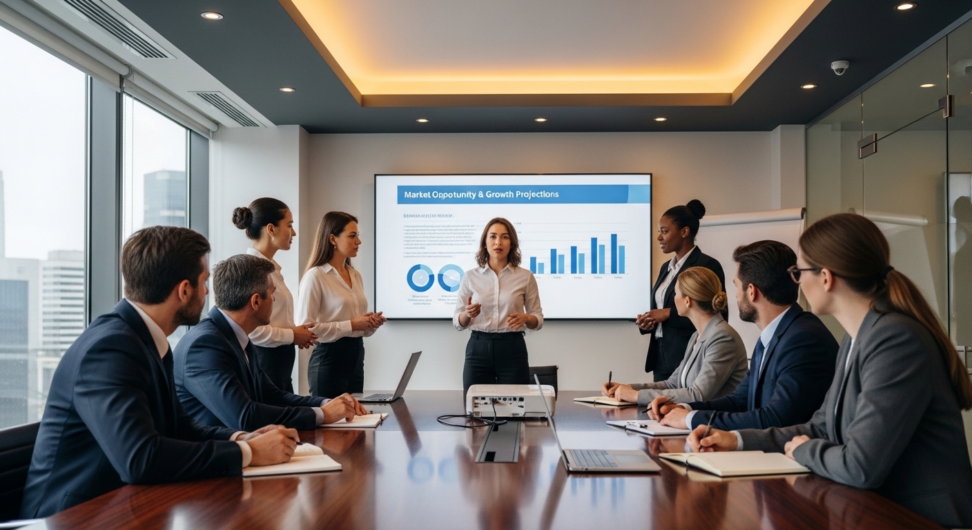 A professional, diverse team of startup founders presenting their pitch to a panel of venture capitalists in a modern, well-lit board room. The atmosphere is focused and professional, with a projector screen showing a compelling business slide.