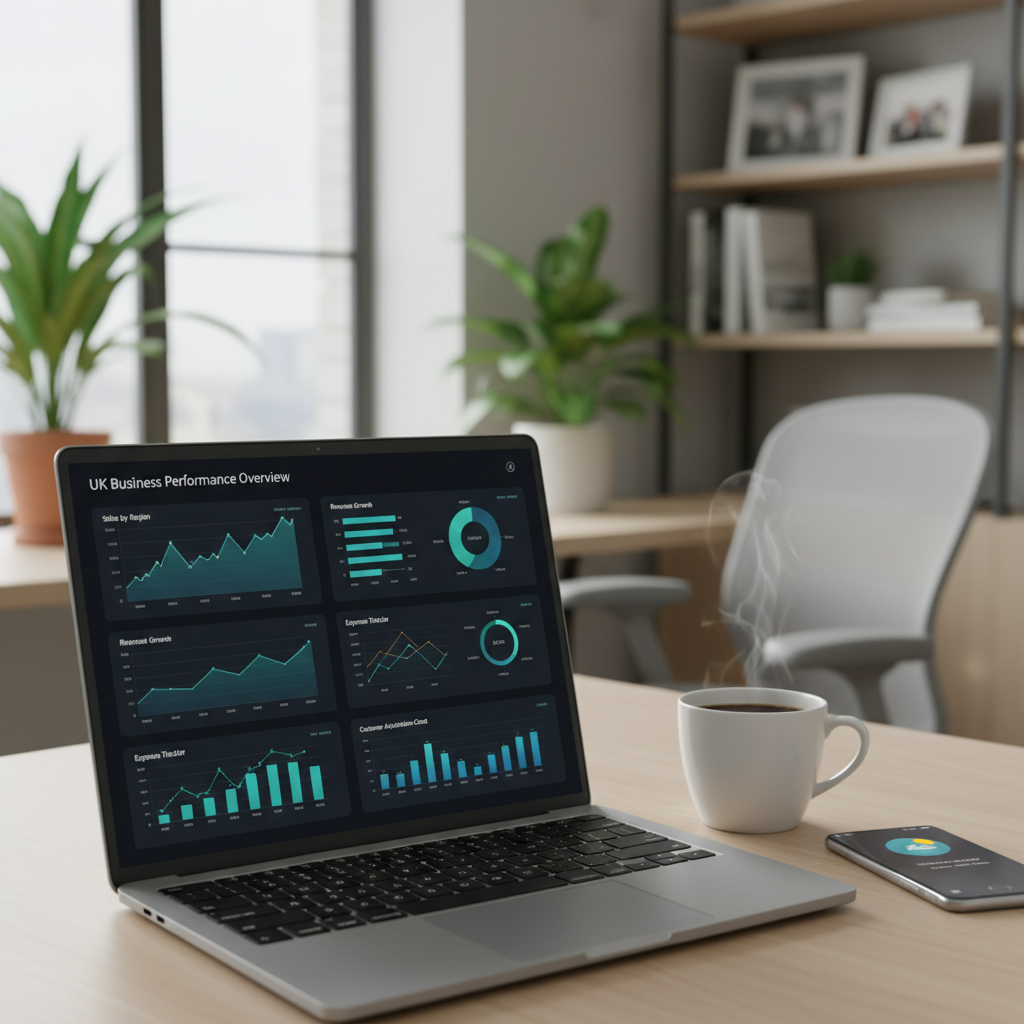 A close-up shot of a laptop screen displaying a business analytics dashboard with various charts and graphs, alongside a cup of coffee and a smartphone. The background is a slightly blurred modern home office setting, illustrating the digital tools and remote work aspect of an expat managing their UK business.