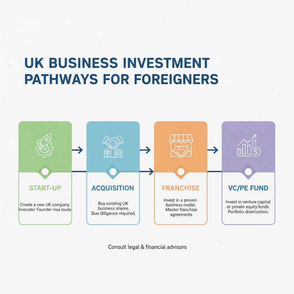 A detailed infographic displaying the various pathways to invest in the UK business market for foreigners, including 'Start-up', 'Acquisition', 'Franchise', and 'VC/PE Fund', with icons and brief descriptions for each category.