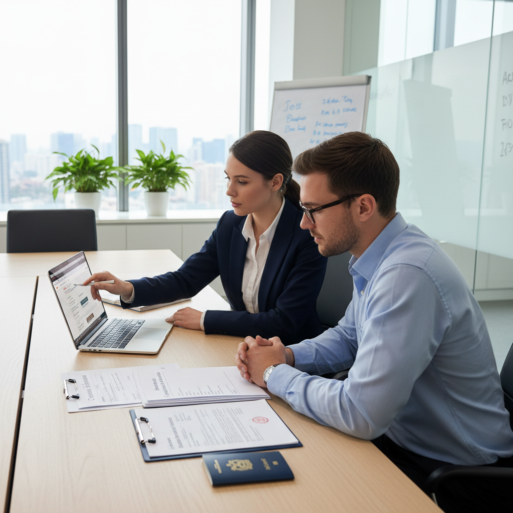 A professional business consultant, dressed in smart business attire, guiding a British expat through company registration documents on a laptop in a modern meeting room. The expat is attentive and engaged, with paperwork spread on the table. Photorealistic, clean, and professional setting.