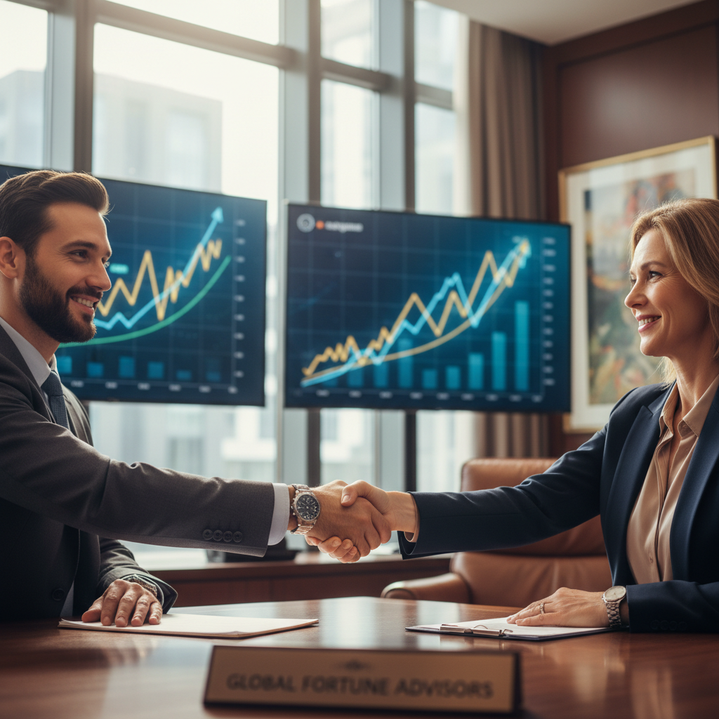 A close-up, photorealistic image of an expat entrepreneur shaking hands with a wealth advisor in a professional office, with financial charts subtly displayed in the background, symbolizing successful business and wealth integration.