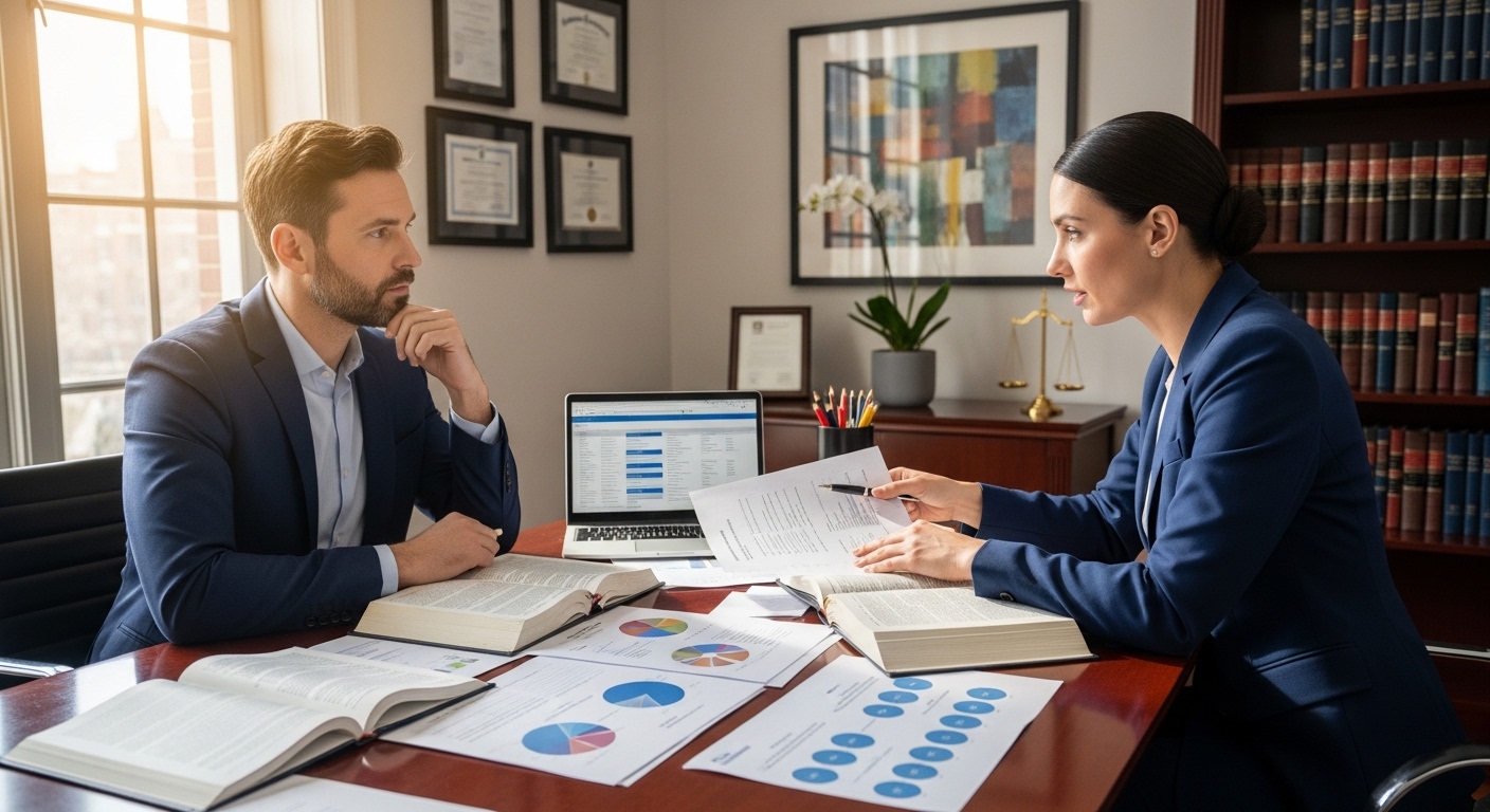 A professional legal consultant in a well-lit office, explaining complex legal documents to an expat client, who is attentively listening and asking questions. There are charts and legal texts visible on the table, emphasizing detailed advice.