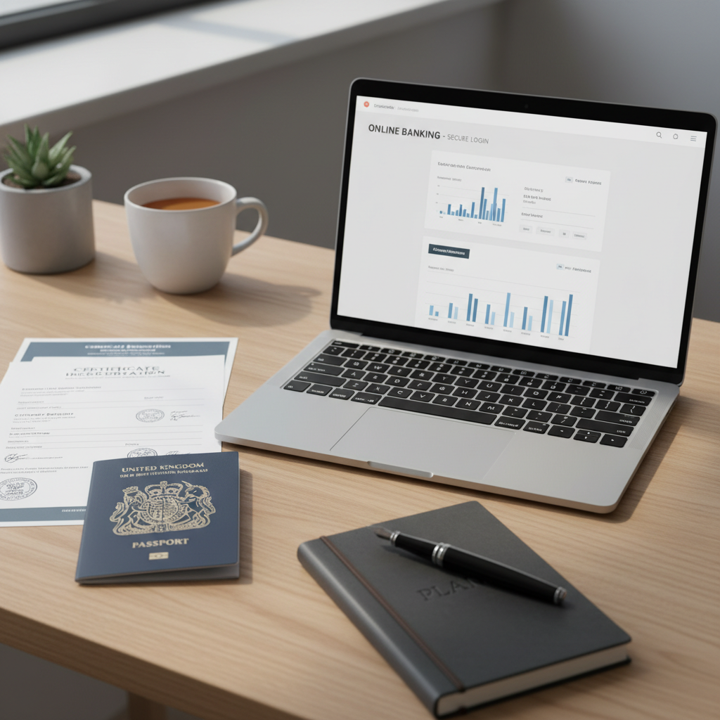 A close-up shot of a well-organized desk with a laptop displaying an online banking interface, alongside a UK passport, business registration documents, and a pen. The scene suggests efficiency and careful preparation. Photorealistic, professional lighting.