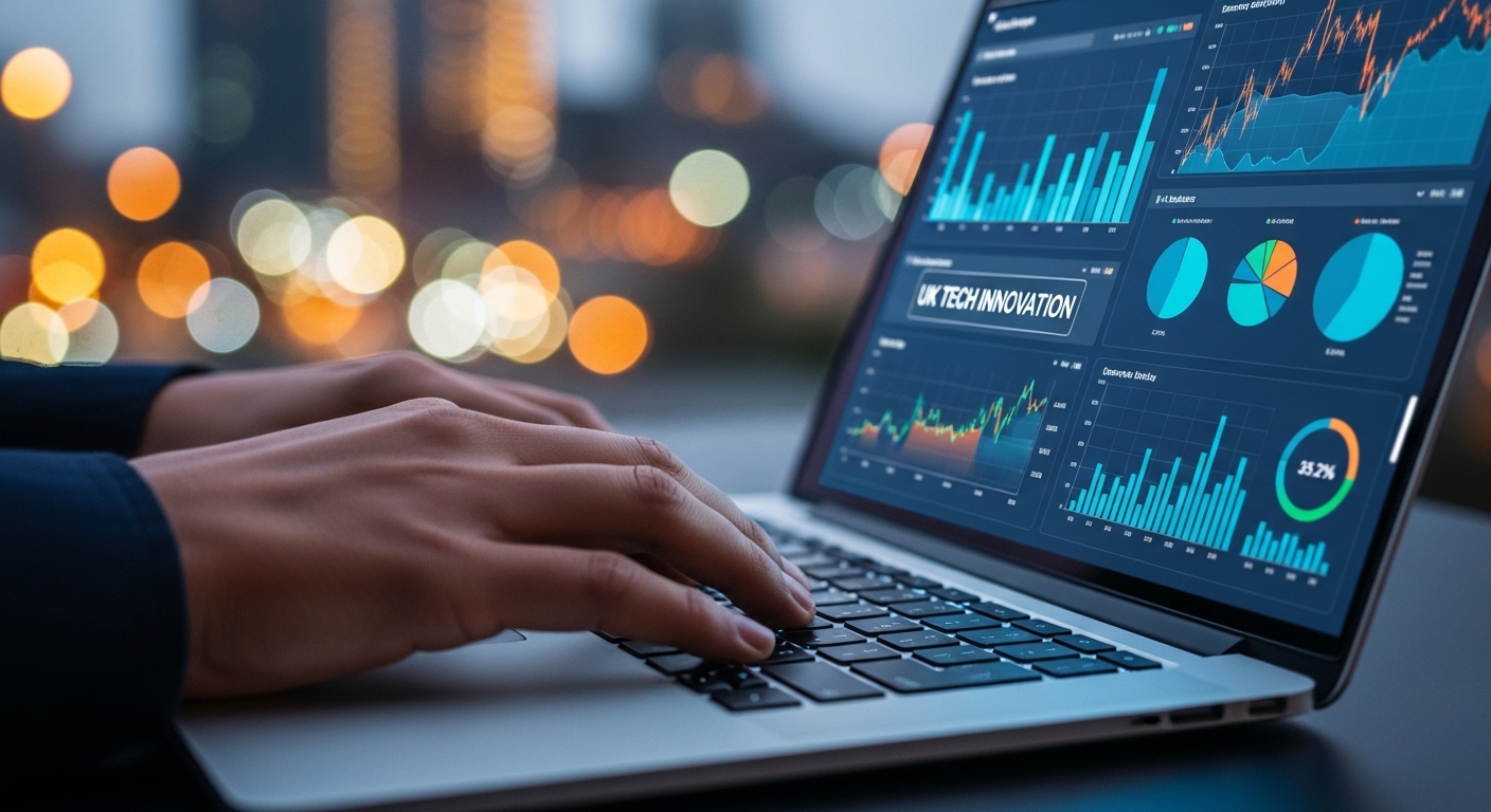 A close-up shot of hands typing on a laptop keyboard with a vibrant digital interface displaying charts and data, symbolizing the thriving tech and digital innovation sector in the UK. The background is slightly blurred with city lights. Photorealistic.