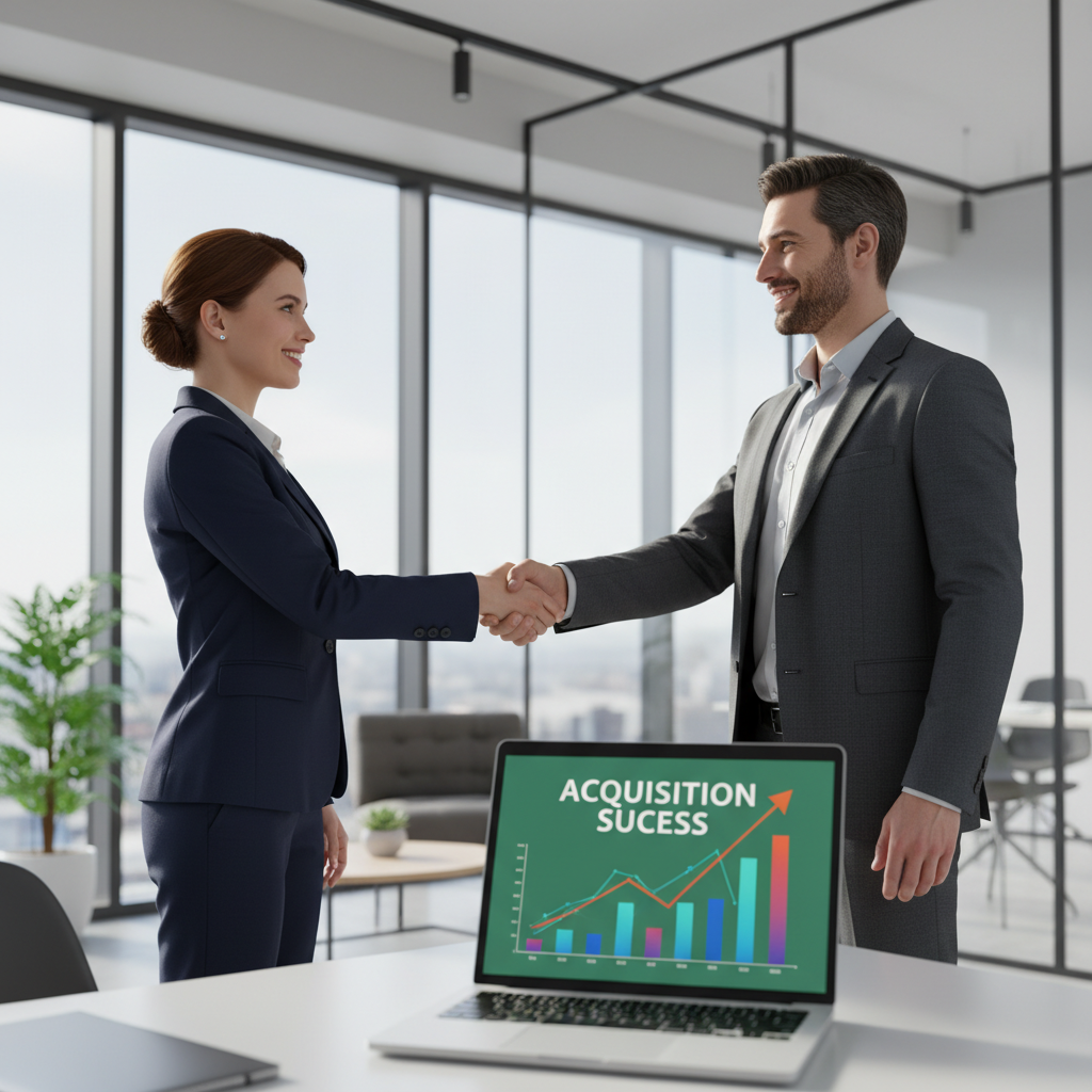A professional handshake between two businesspeople in a modern, light-filled office, with a laptop showing financial charts in the foreground, signifying a successful business acquisition. Focus on professionalism and collaboration.