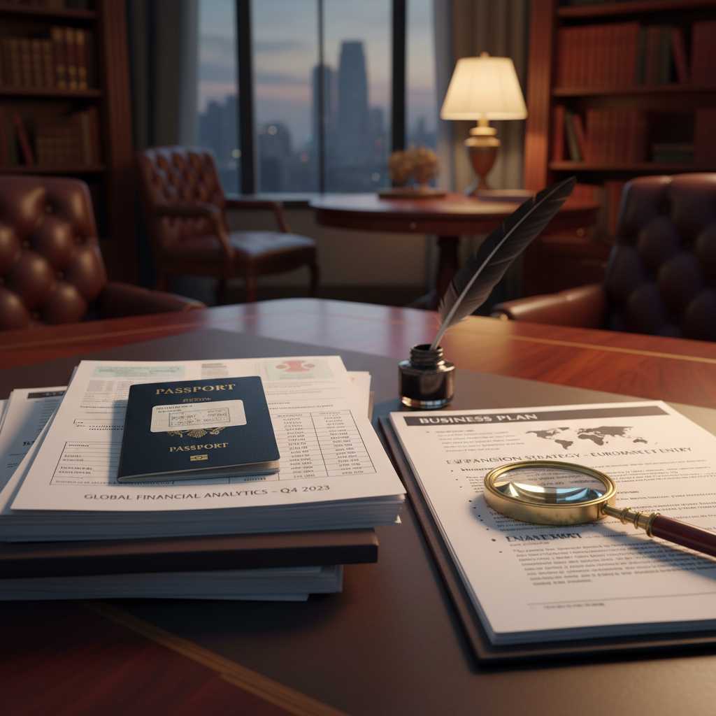 A neatly organized stack of visa application documents, including a passport, financial statements, and a business plan, on a polished wooden desk with a quill pen and a magnifying glass, in a sophisticated, professional setting. Focus on clear, legible text on documents. Photorealistic, high detail.