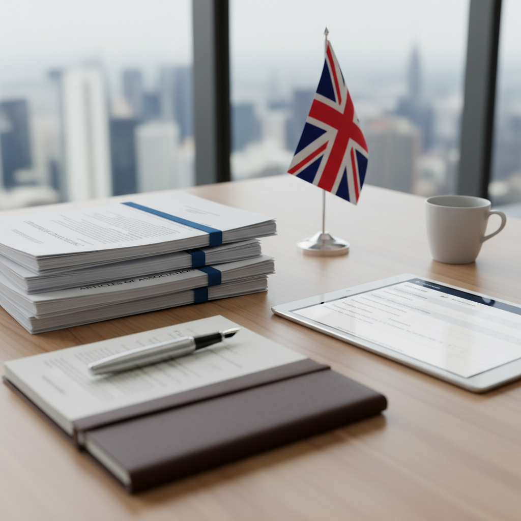 A close-up, high-angle shot of a desk with neatly arranged UK company formation documents, a professional pen, a tablet displaying an online application form, and a small UK flag. The atmosphere is clean, organized, and professional, symbolizing efficiency and compliance.