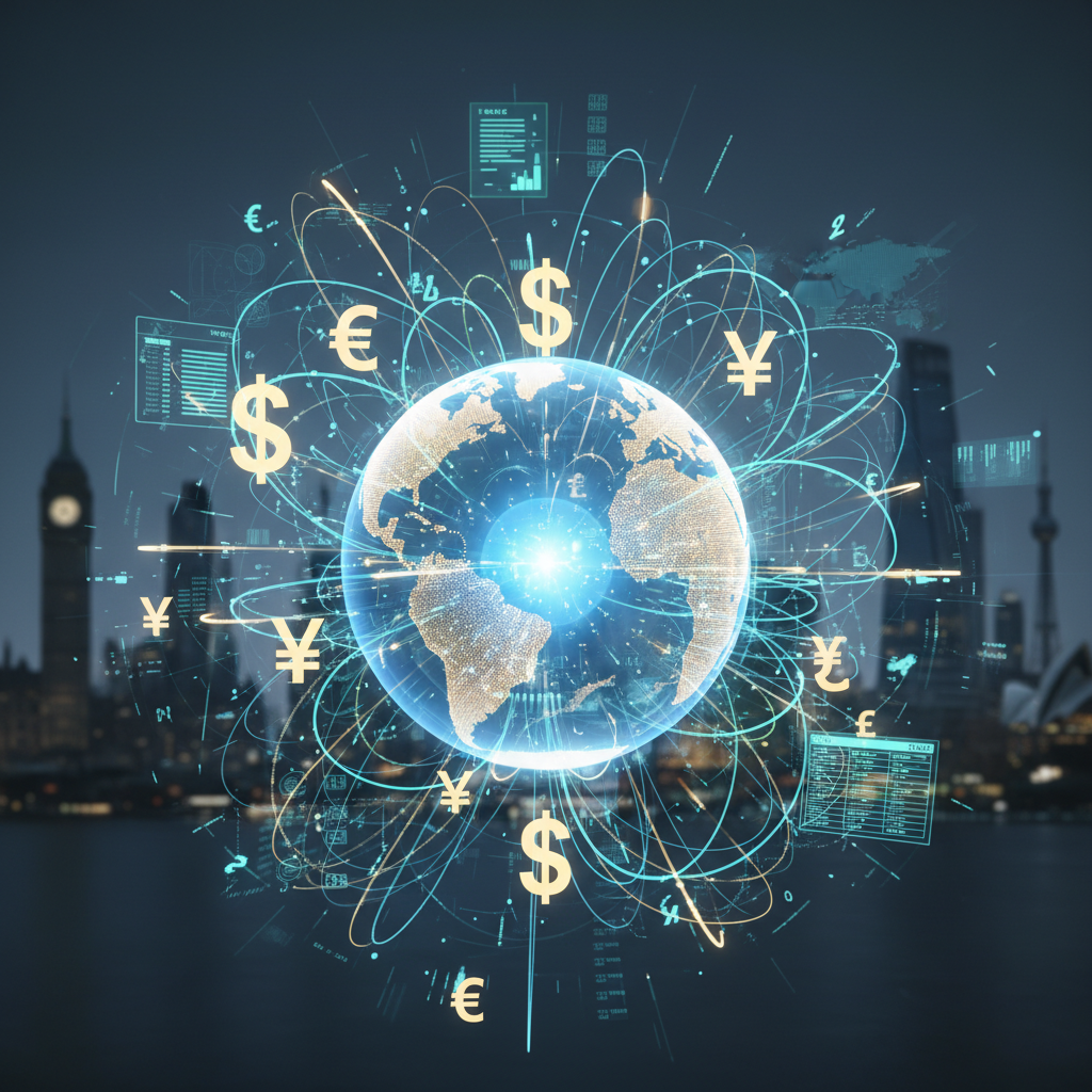 A vivid, photorealistic image illustrating global financial connections, with a subtly glowing globe at the center, surrounded by interconnected lines and abstract representations of currency symbols and tax forms. The background features blurred cityscapes from different continents, symbolizing international business and cross-border tax agreements.