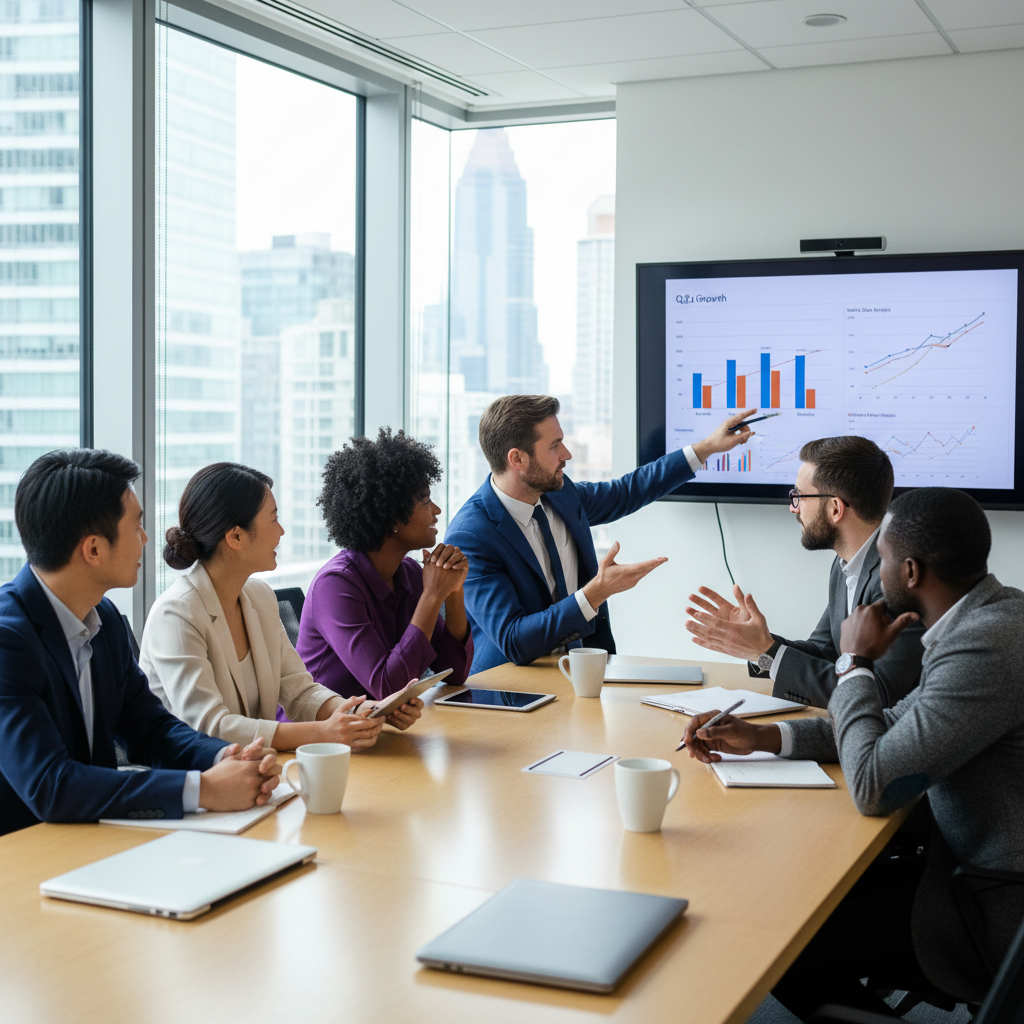 A diverse group of business professionals, including an expat and a UK local, engaged in a productive meeting with a business consultant in a modern, sunlit conference room. They are discussing strategies, looking at graphs on a screen, and showing positive engagement.