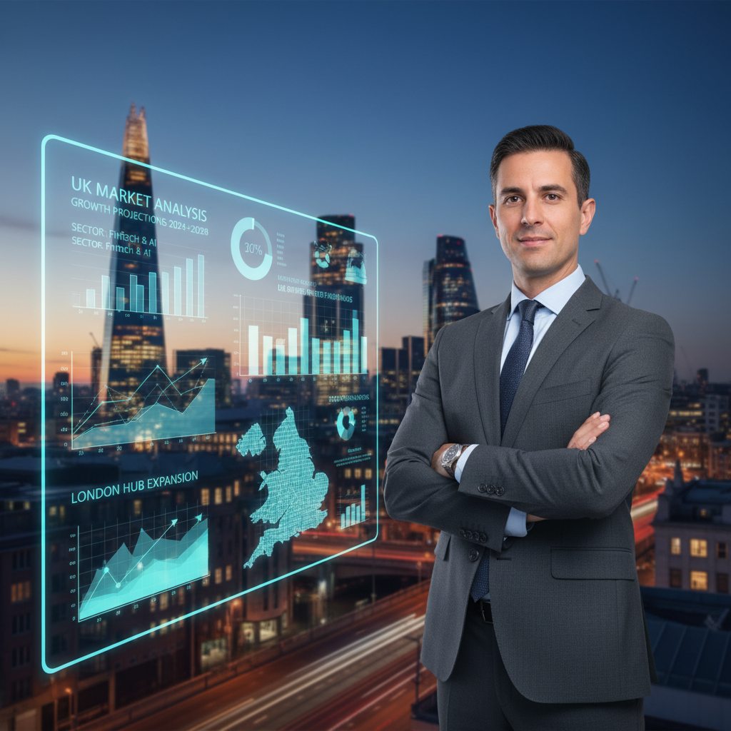 A professional expat entrepreneur, dressed in smart business attire, looking confidently at a holographic display showing a detailed market analysis and growth projections for a UK-based business, with a blurred backdrop of the London financial district at dusk.