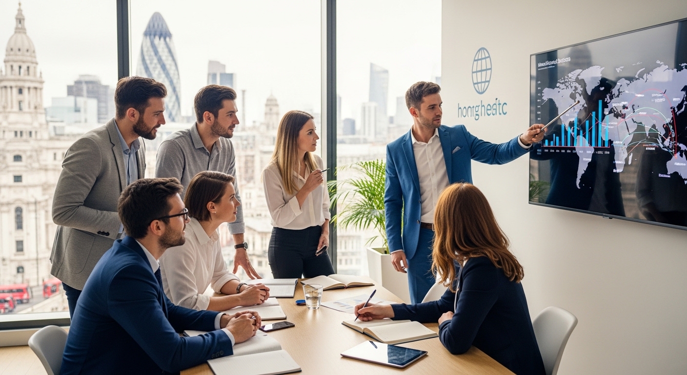 A diverse team of professionals in a modern, collaborative office space in a UK city, actively discussing business strategy on a large screen, representing international business success. Photorealistic, bright lighting.