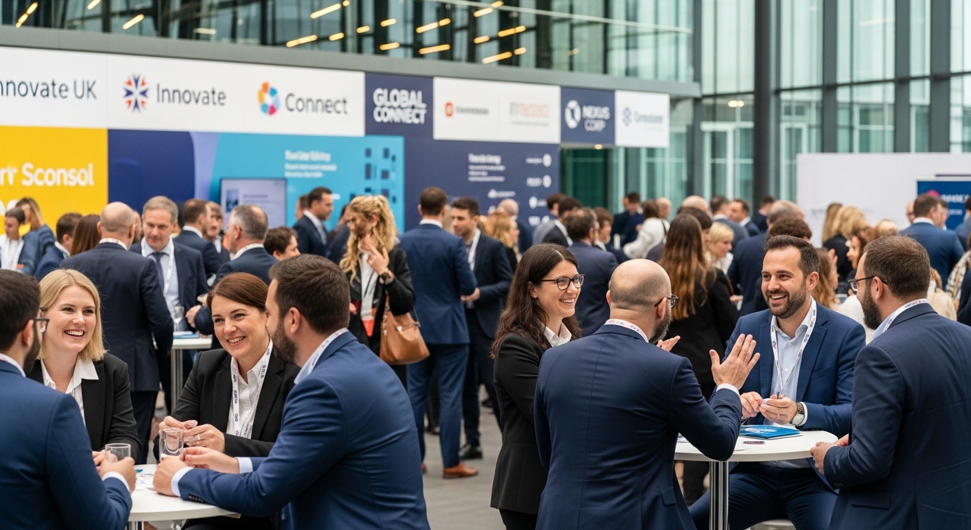 A professional networking event taking place in a modern convention center in the UK. People are shaking hands, exchanging business cards, and engaging in lively conversations. There are banners with company logos in the background. Photorealistic.